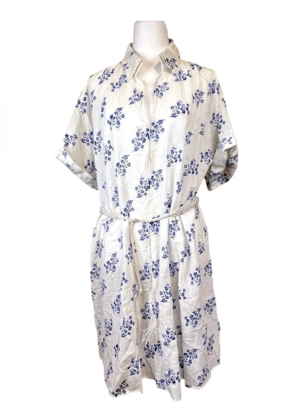 H&M | White Dress with Blue Floral Print Collar Belted Small Lightweight